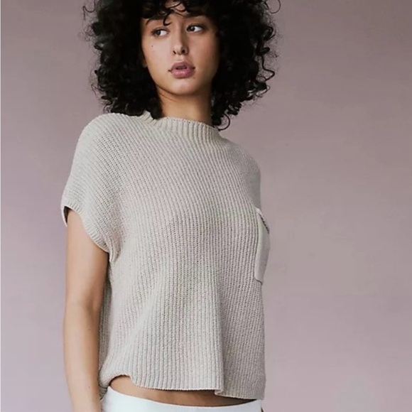 FREE PEOPLE FP Beach Freya Sweater Oatmeal Short Sleeve Rib Knit Size Large - Picture 3 of 11